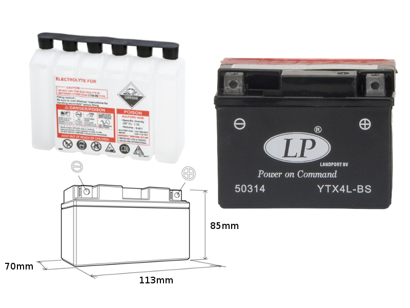 LANDPORT akumulátor YTX4L-BS (MA LTX4L-BS) 12V 3AH 114X71X86 (YT4LBS) bezúdržbový - elektrolyt zvlášť (6) UE48